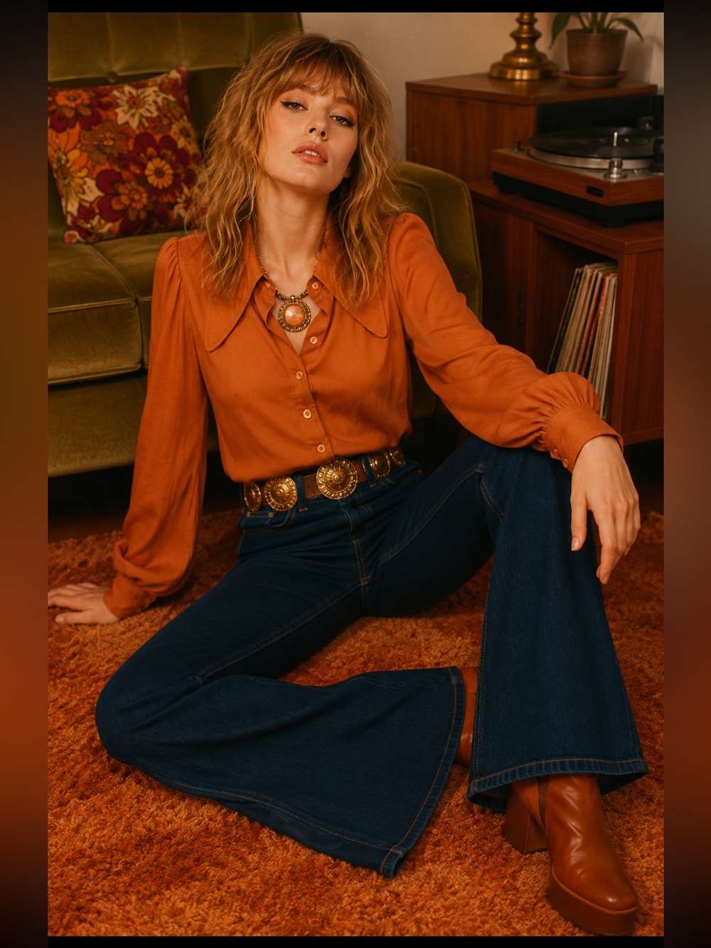 The Hippie Shake Long-Sleeve Rust Blouse with Butterfly Collar
